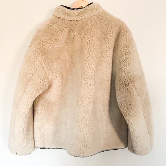 NWT Gap Cream Sherpa & Faux Brown Leather Oversized Jacket Coat Size L Vegan - Picture 9 of 16